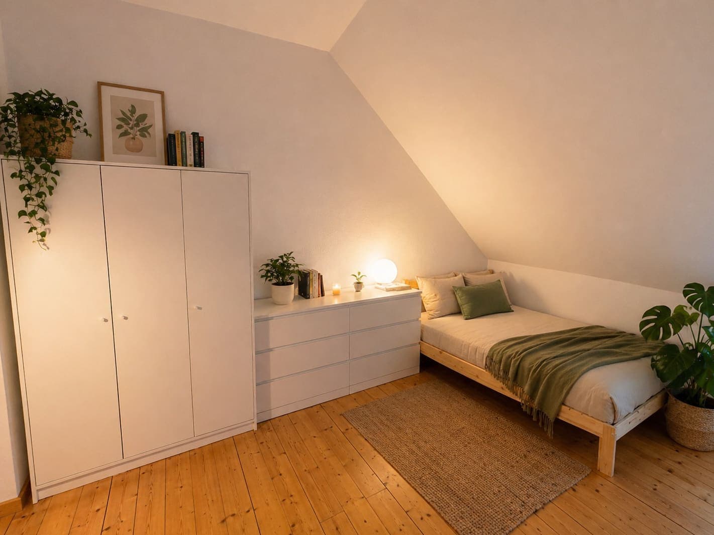 Wohn- und Schlafbereich des Studentenapartments unter der Dachschräge